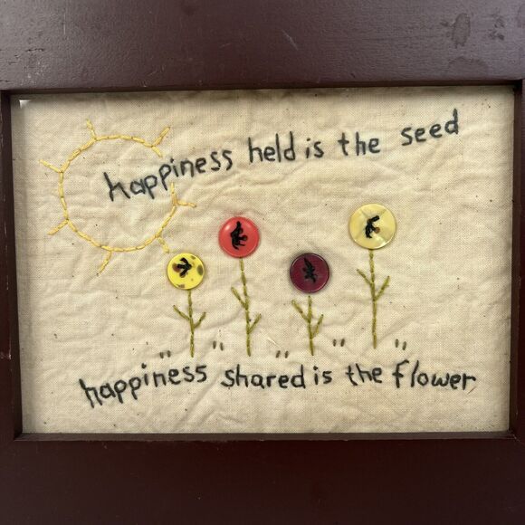 Primitive Folk Art Framed Needle Point Button Picture Flowers Happiness Shared - Picture 3 of 8